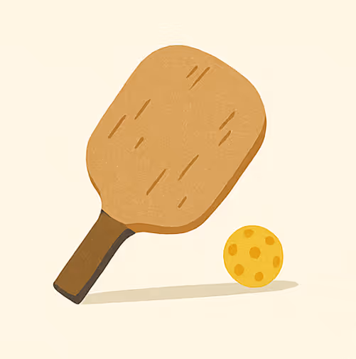 Ein Pickleball-Paddle aus Sperrholz neben einem Pickleball (Illustration)