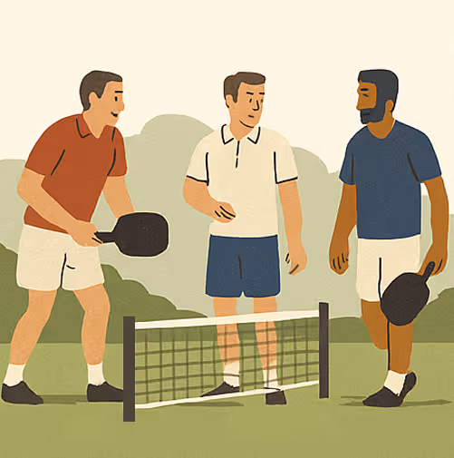Drei Freunde vor einem selbstgebauten Pickleballnetz stehen zusammen (Illustration)
