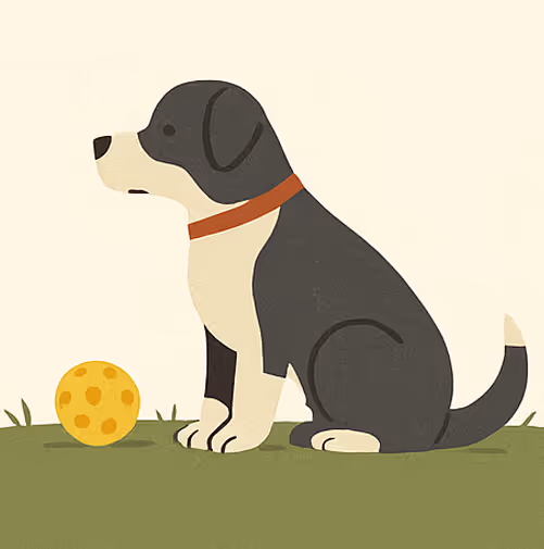Ein Hund auf einer Wiese neben einem Pickleball (Illustration)