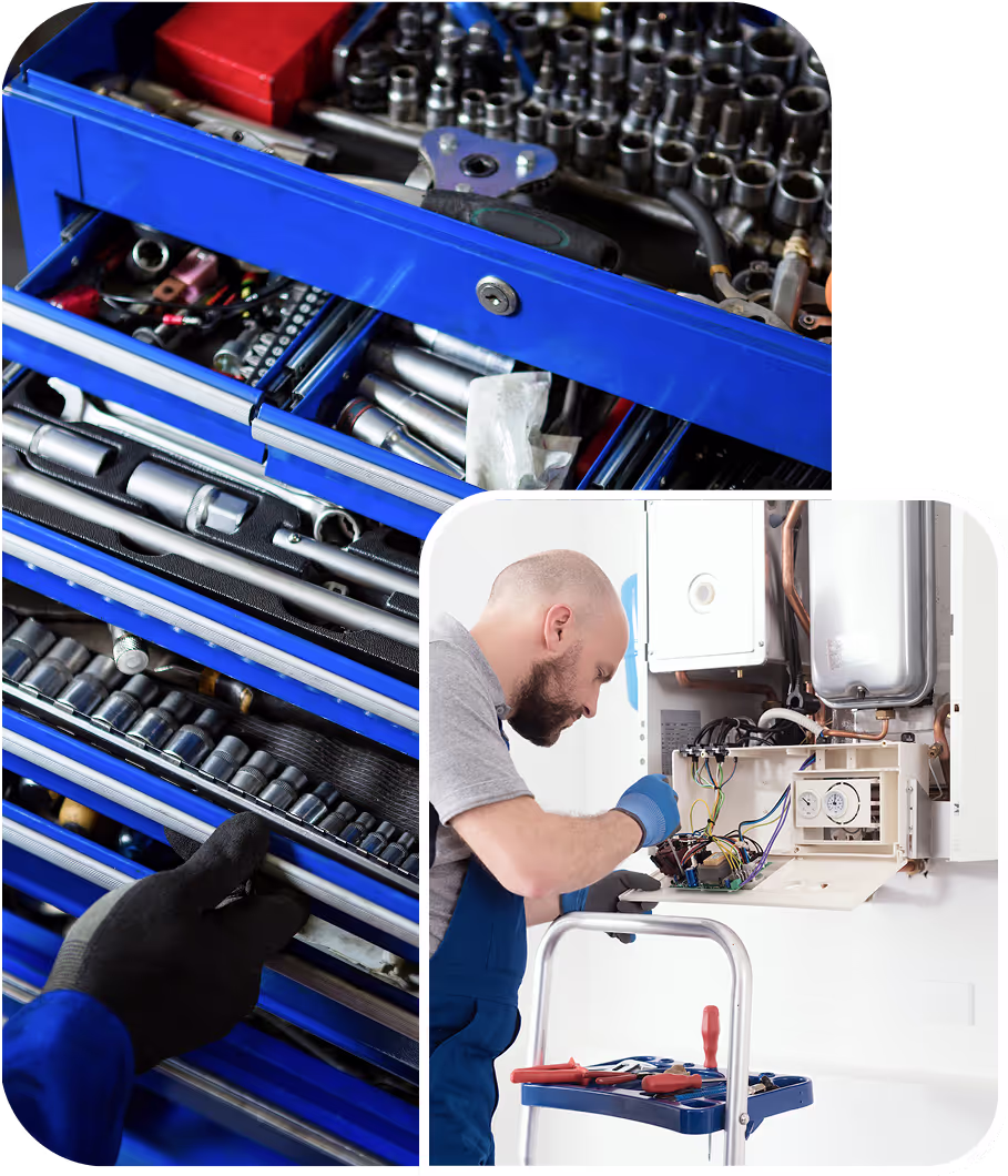 Werkzeugwagen und Mechaniker bei der Reparatur eines Bauteils