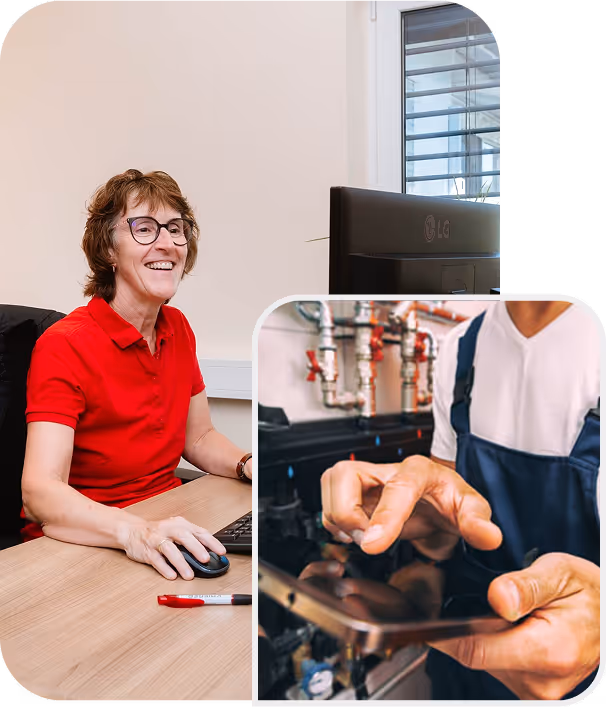 Mitarbeiterin von Gühring im roten T-Shirt und Mann mit Tablet.