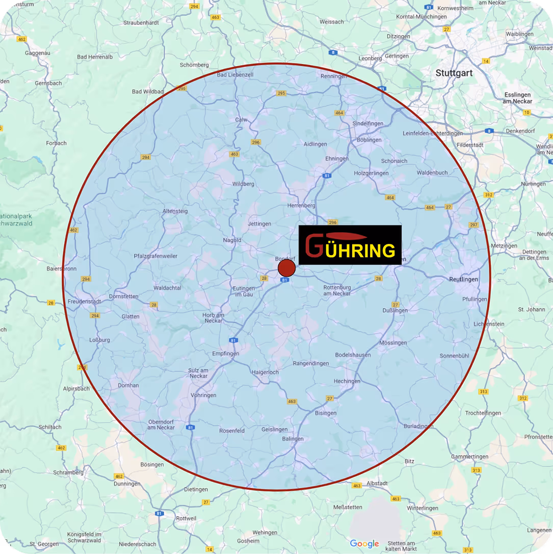 Karte mit Rottenburg-Ergenzingen und 35 km Radius