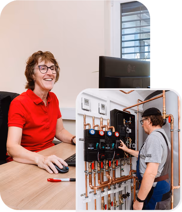 Gühring Mitarbeiterin am PC & Mitarbeiter wartet Heizungsanlage