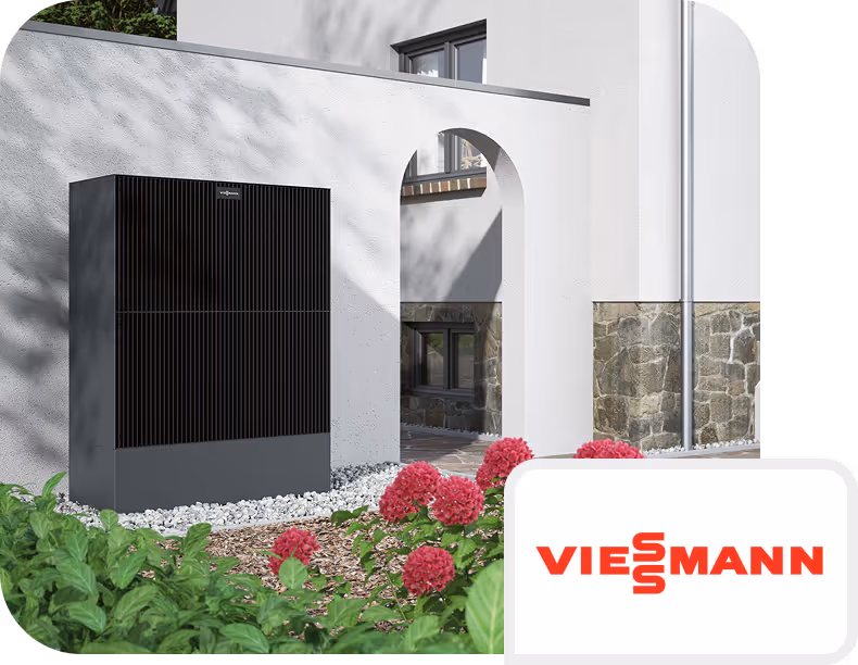 Viessmann Vitocal Wärmepumpe vor renoviertem Altbau