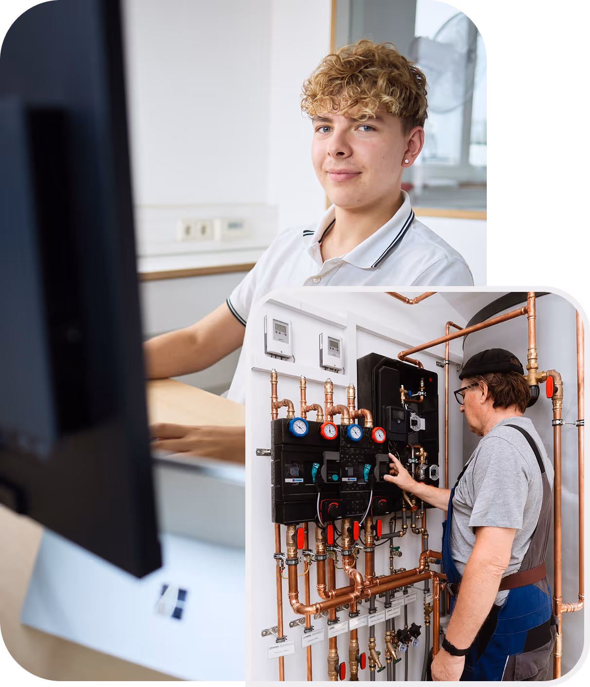 Gühring Mitarbeiterin am PC & Mitarbeiter wartet Heizungsanlage