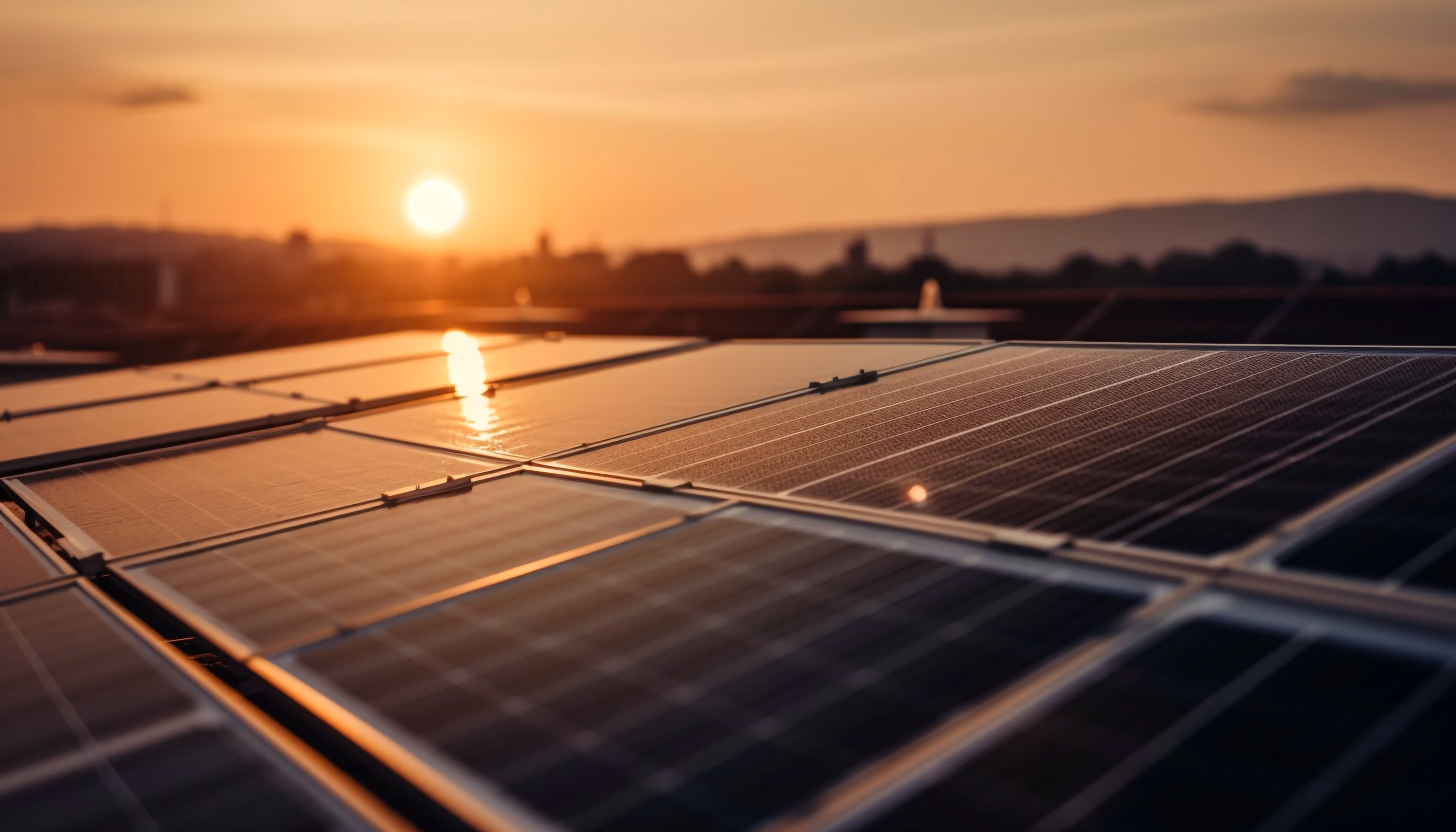 Sonnenuntergang mit Nahaufnahme einer Photovoltaik-Anlage im Vordergrund