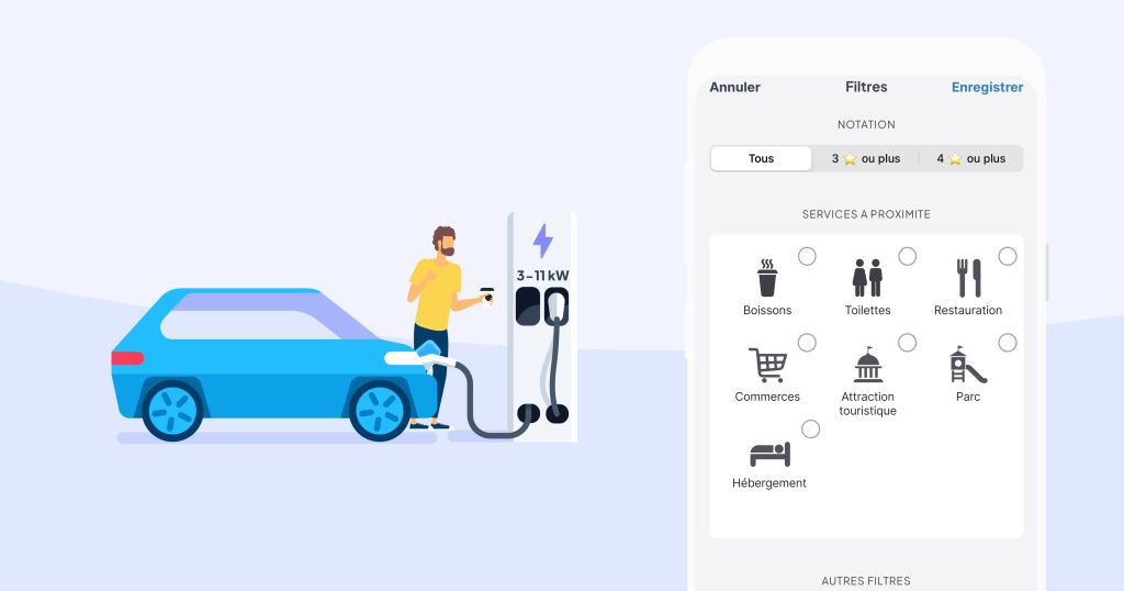 Filter charging stations with services nearby to anticipate the waiting time for charging your plug-in hybrid.