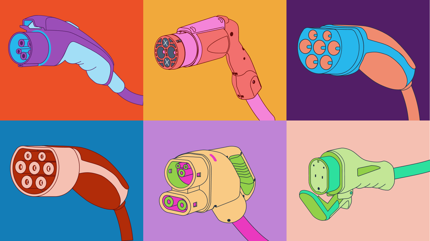 Andy Wahrol style illustration of the different types of plugs and sockets for electric cars