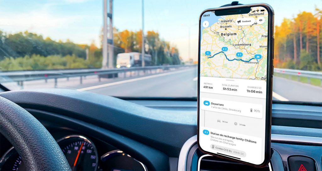 route planner feature in the Chargemap application on board an electric car