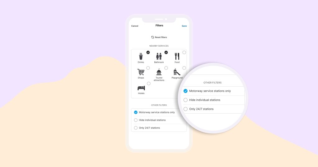 Filter app Chargemap fast-charging stations on motorway