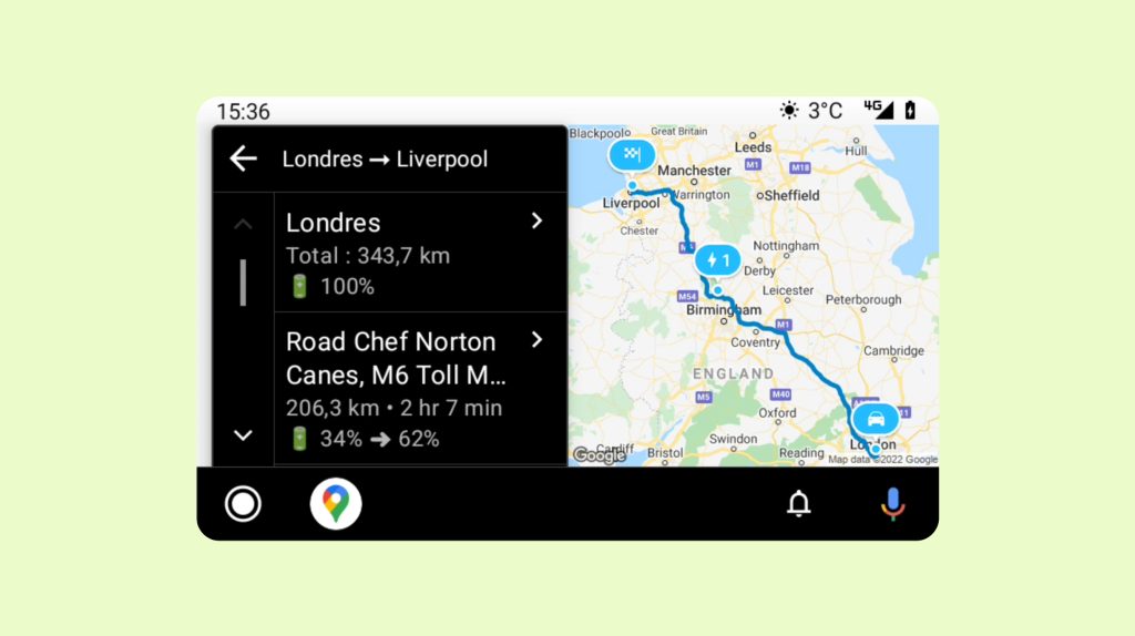 Chargemap route displayed on Android Auto