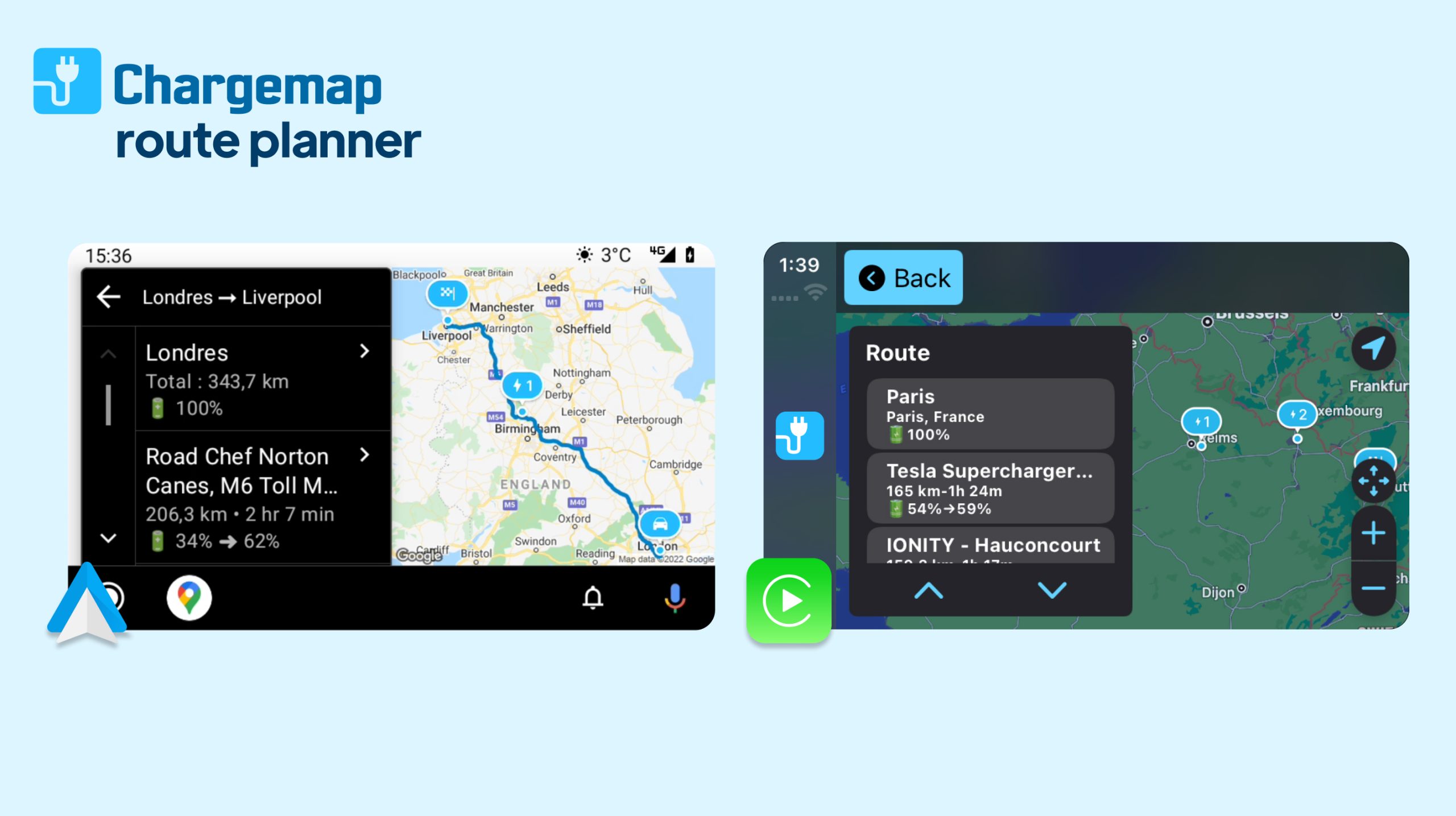 The Chargemap route planner is launched on Android Auto and CarPlay