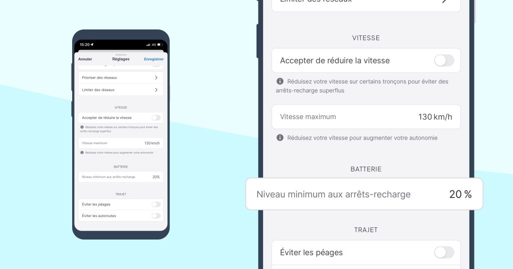 Niveau de batterie minimum aux arrêts recharge dans le planificateur d'itinéraire Chargemap