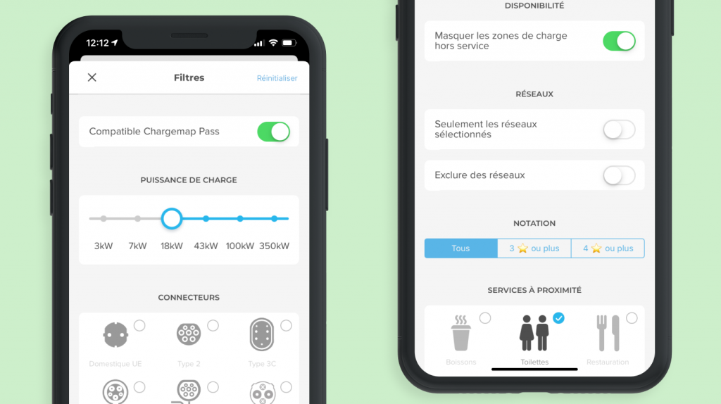 Filtres de recherche Chargemap avec l'outil d'itinéraire