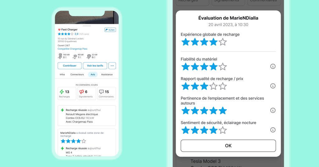 Affichage des avis Chargemap et commentaires de la communauté