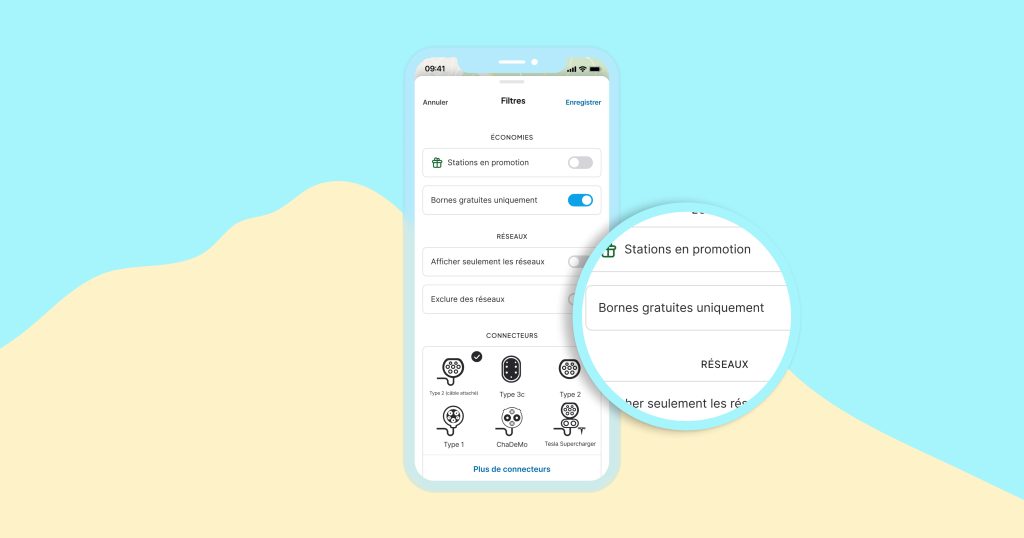 Filtres Bornes de recharge gratuites dans l'application Chargemap