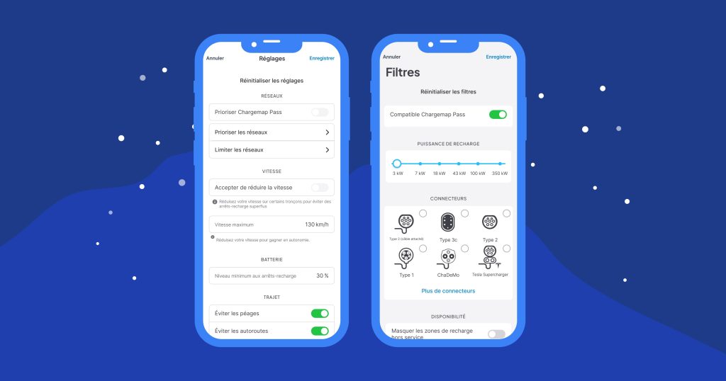 Application Chargemap avec les filtres et préférences de recharge