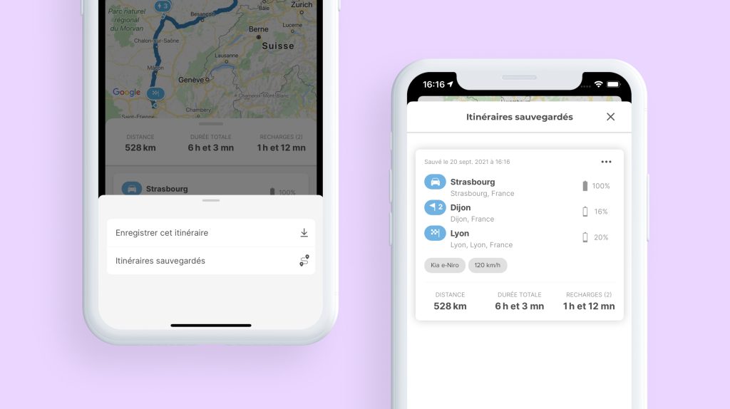 Itinéraire sauvegardé dans le route planner Chargemap