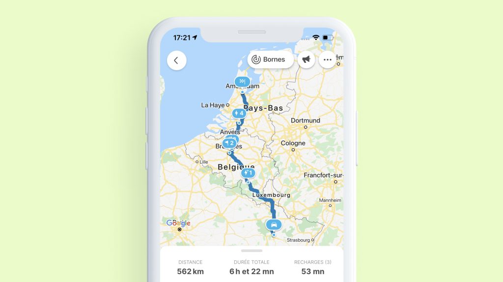 Itinéraire calculé dans le route planner Chargemap