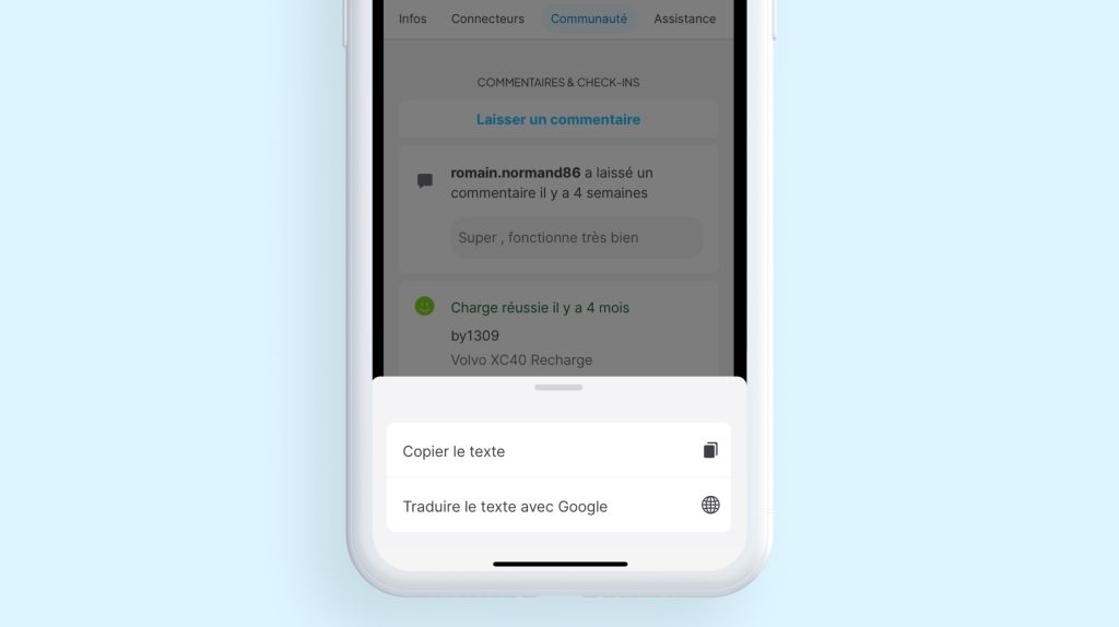 Fonctionnalité de copie et de traduction des commentaires dans l'application Chargemap