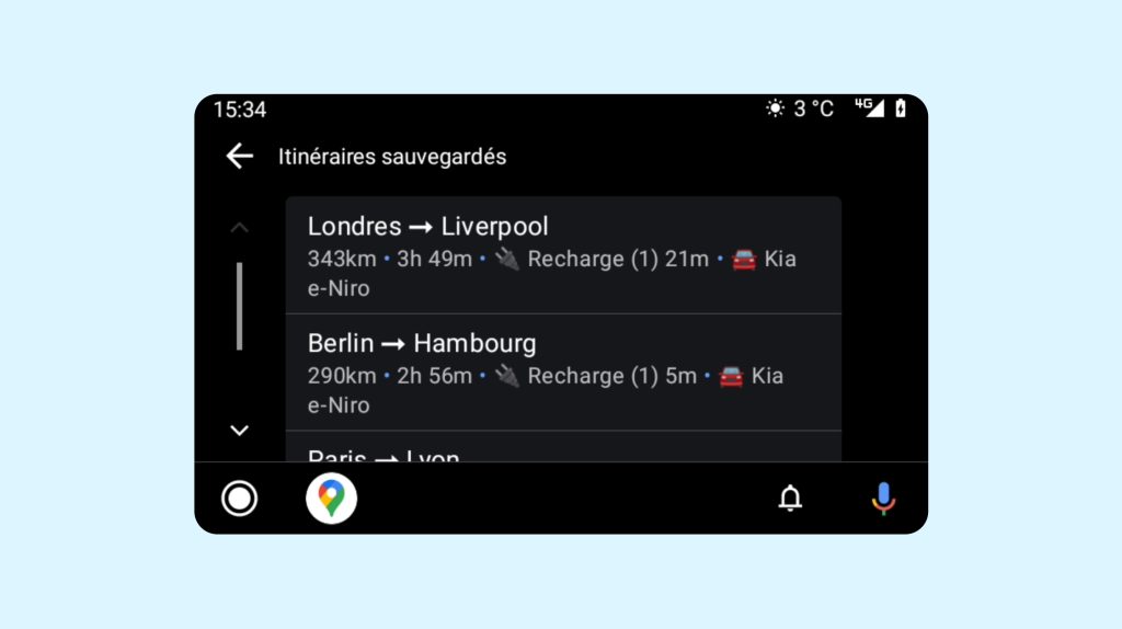 Itinéraires sauvegardés dans Chargemap sur Android Auto