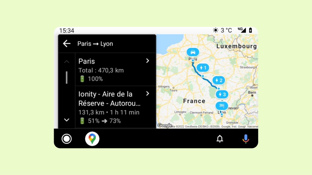 Étapes d'un itinéraire Chargemap dans Android Auto