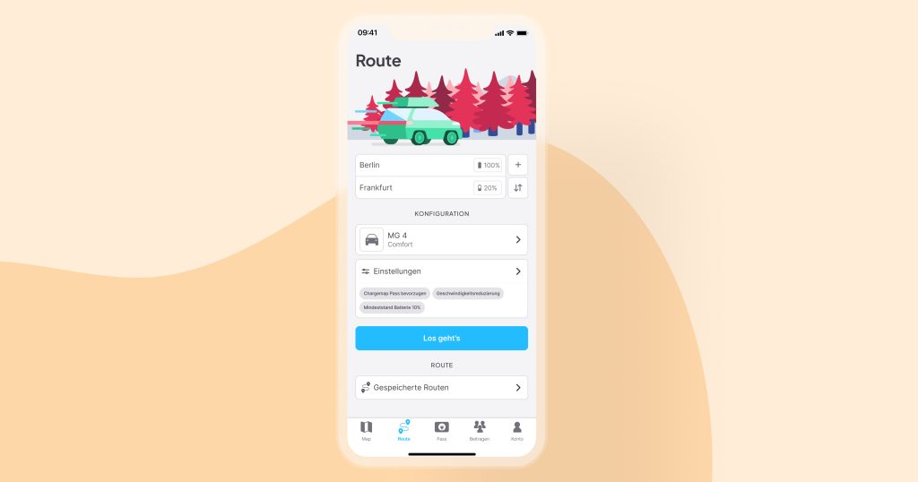 Chargemap Routenplaner mit MG4 E-Auto