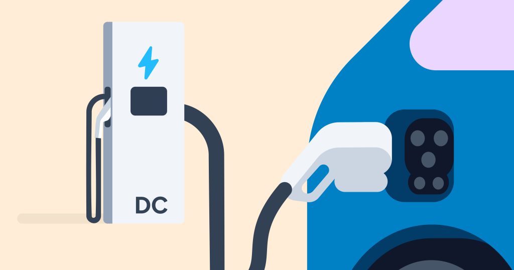 dc-schnellladestation, angeschlossen an ein elektrofahrzeug