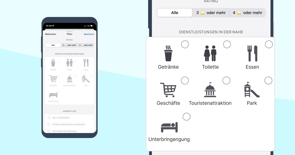 Dienstleistungen in der Nähe von Ladestationen auf Chargemap filtern