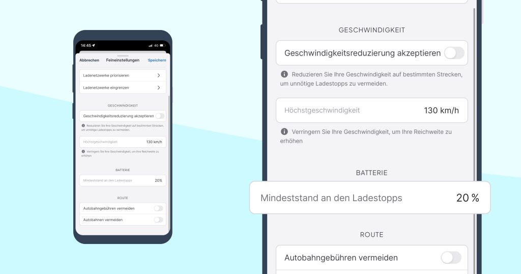 Mindestbatteriestand an Haltestellen Aufladen im Routenplaner Chargemap