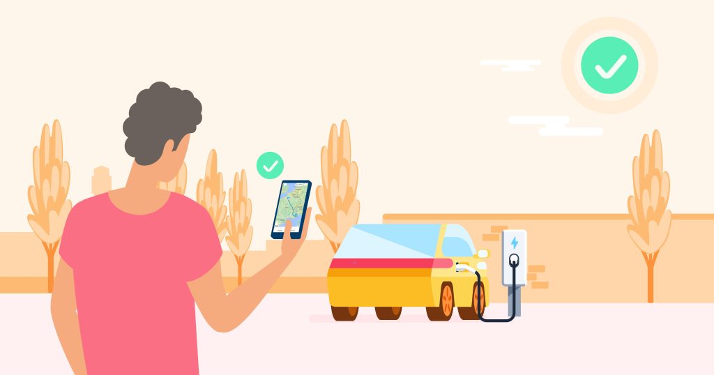 Mann plant eine Langstrecke in einem E-Auto mit Chargemap