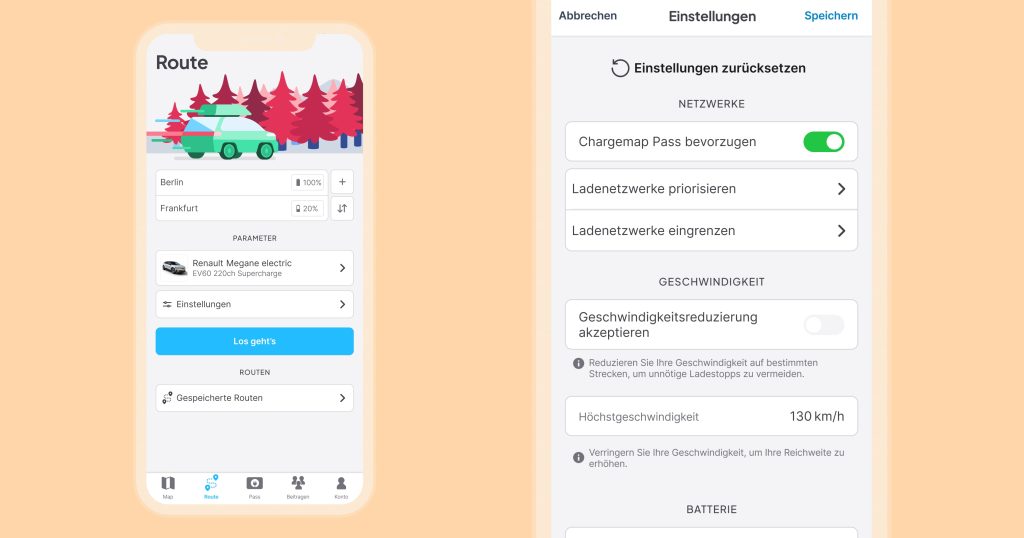 Planung einer Langstrecke mit dem E-Auto mit dem chargemap-Routenplaner