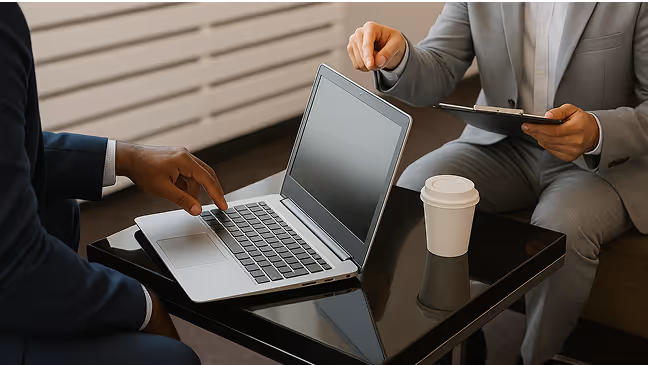Two people in business attire discussing with one pointing at a laptop screen and the other holding a clipboard, next to a coffee cup on a black table.