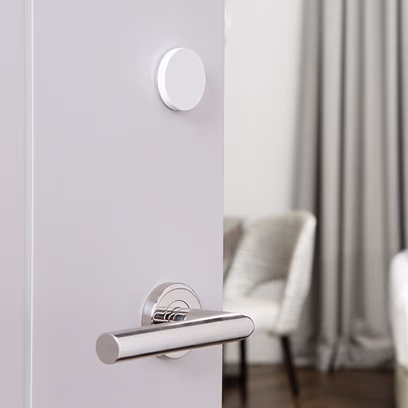 Modern white door with a sleek silver cylindrical handle, partially open showing a blurred living room with curtains and a chair in the background.