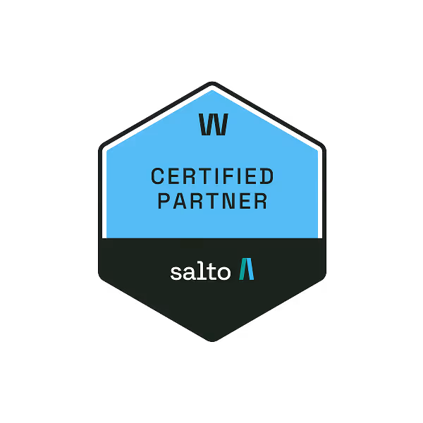 Hexagonal badge with 'W Certified Partner' text on a blue background and 'salto' logo on a black background below.