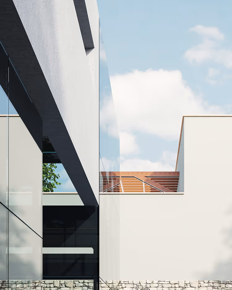 Modern architectural facade with white walls, glass panels, and a wooden railing under a blue sky with clouds.