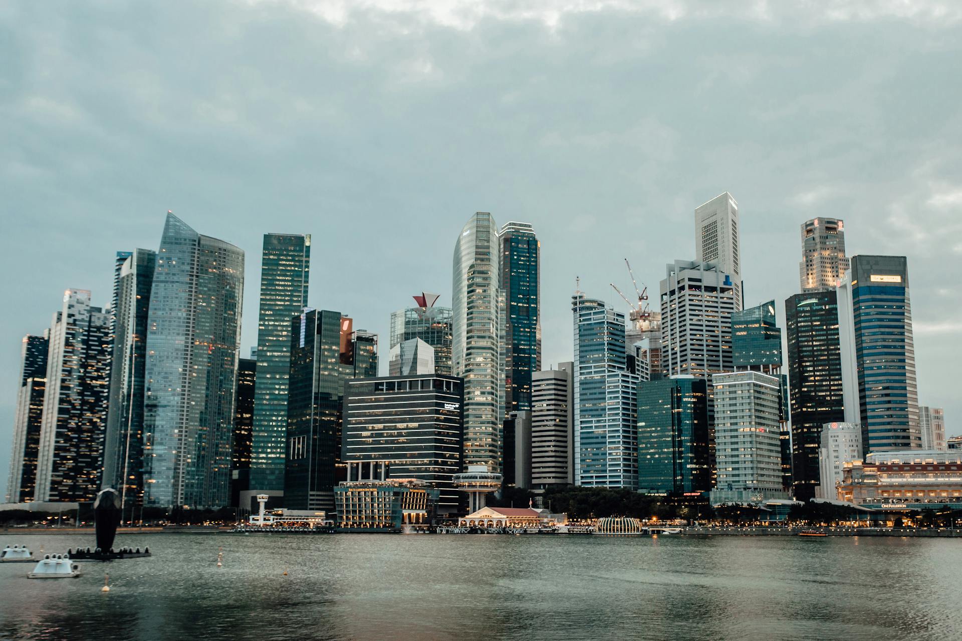 Singapore skyline by the water.