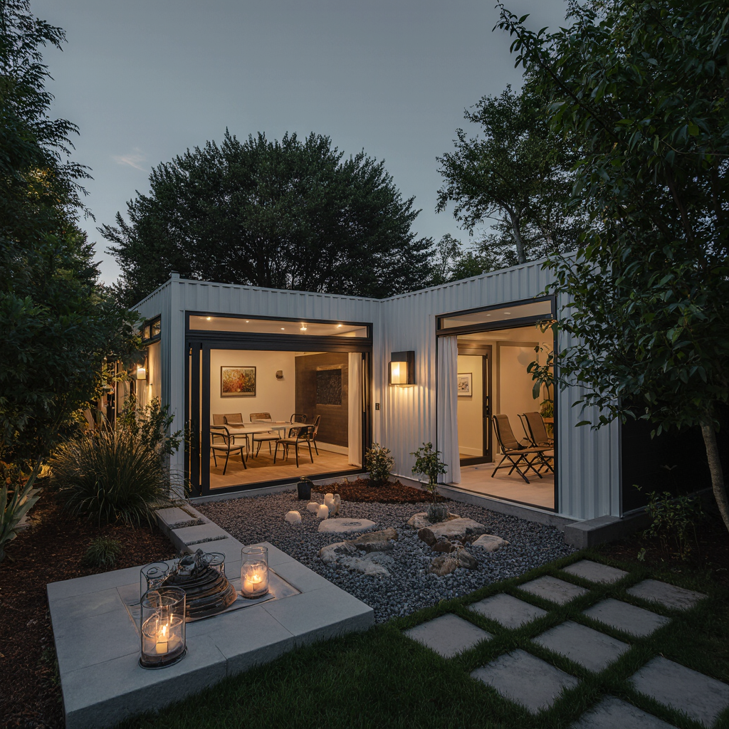 Lumara ADU courtyard at evening with warm interior light