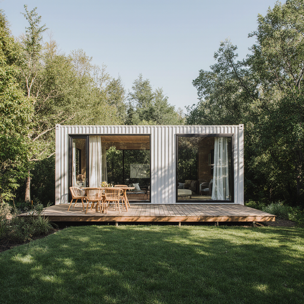 White Lumara ADU with deck surrounded by a quiet backyard