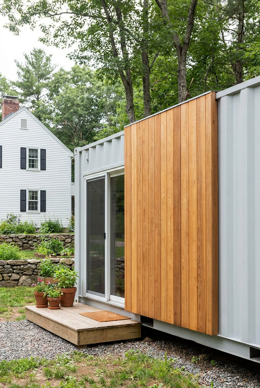 Detail of Lumara ADU wood paneling and glass door
