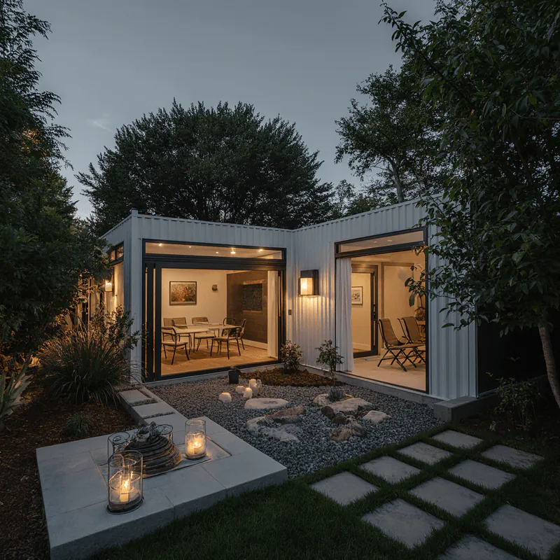 Lumara ADU courtyard at evening with warm interior light