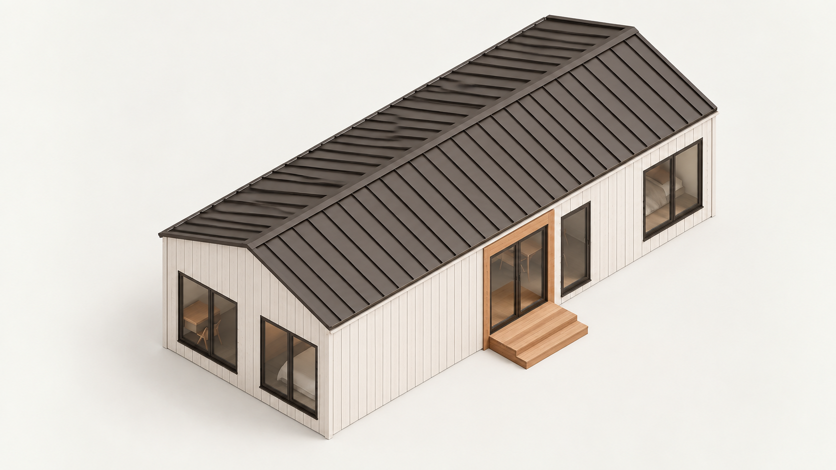 Lumara 640 with warm white siding and a simple New England gable roof