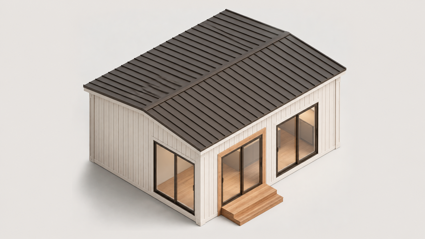 Lumara 320 with warm white siding and a simple New England gable roof