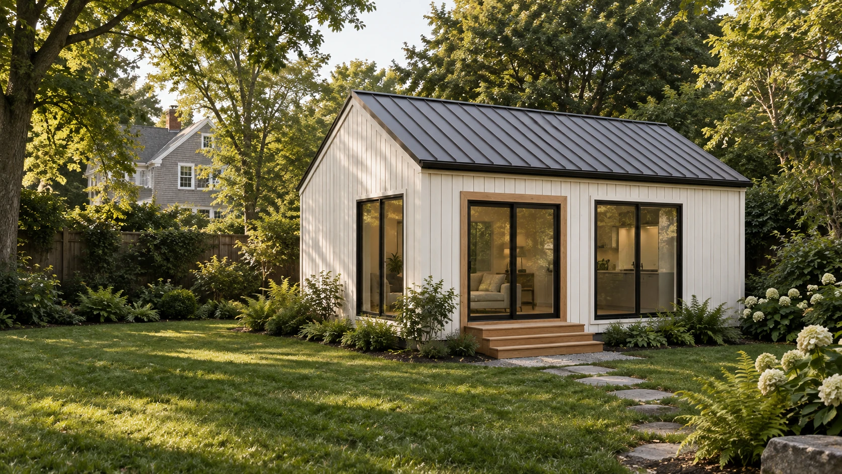 Lumara 320 landscape design concept with white vertical siding, dark gable roof, full-height glazing and a wood entry in a New England garden