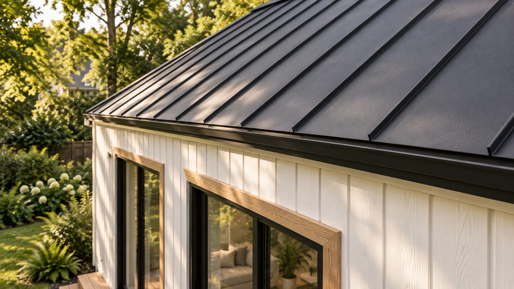 Concept study of a dark standing-seam roof above white vertical siding
