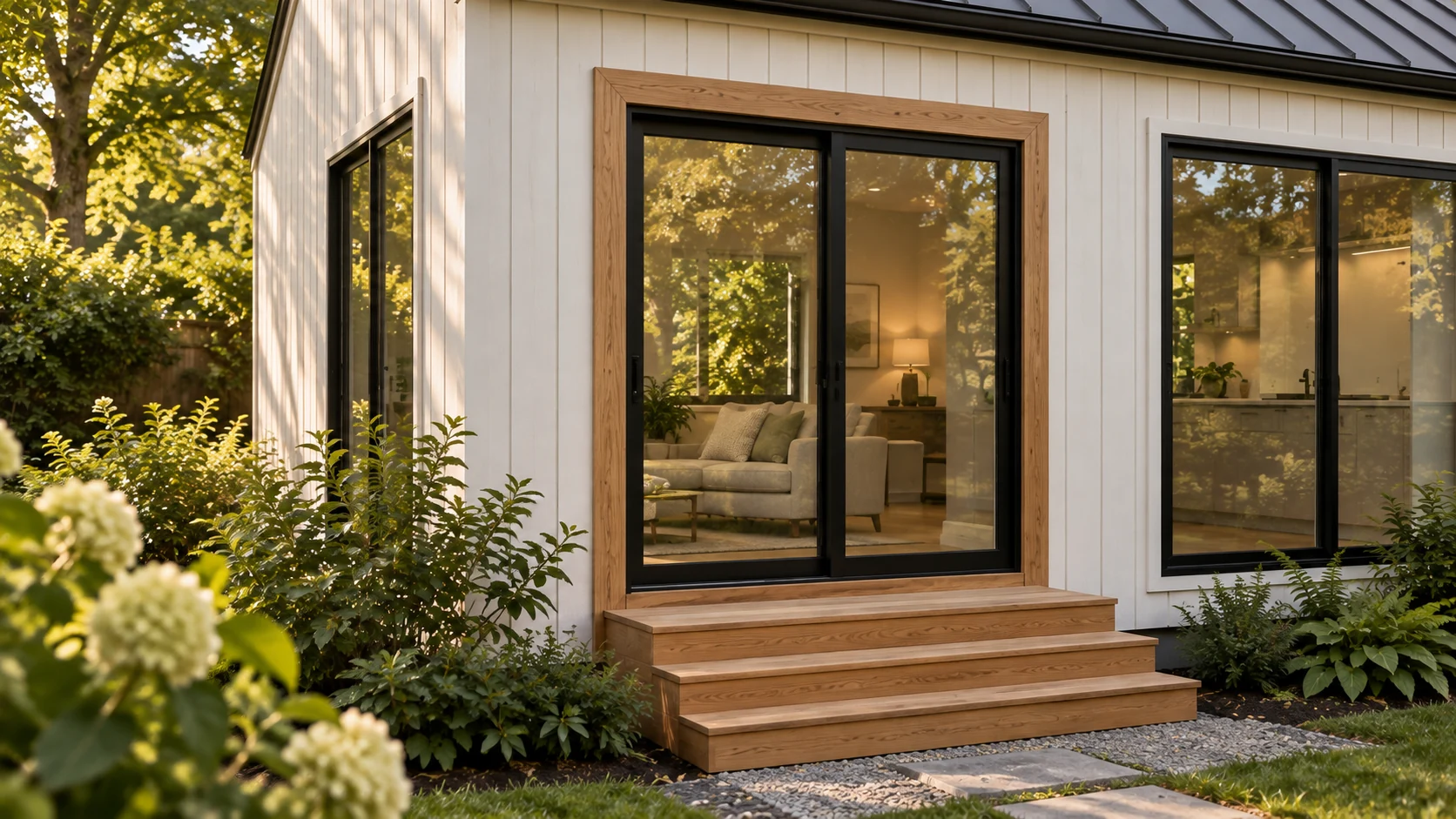 Concept study of a timber entry surround with glazed door and short steps