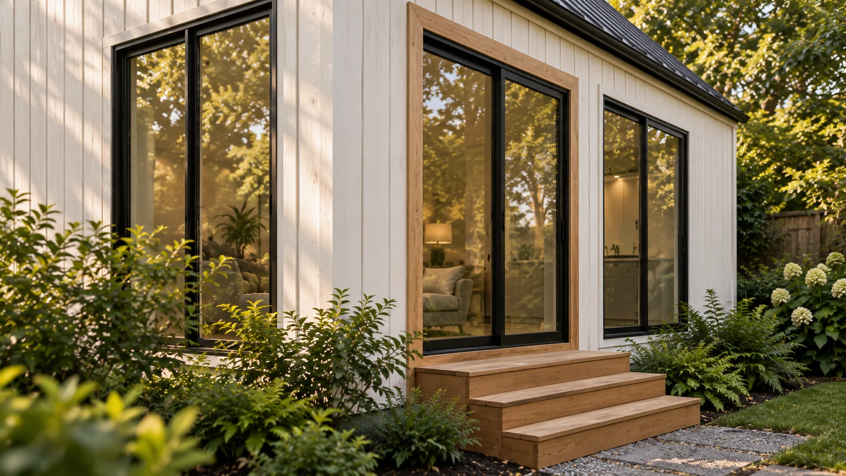 Concept study of slender dark window frames reflecting a green garden