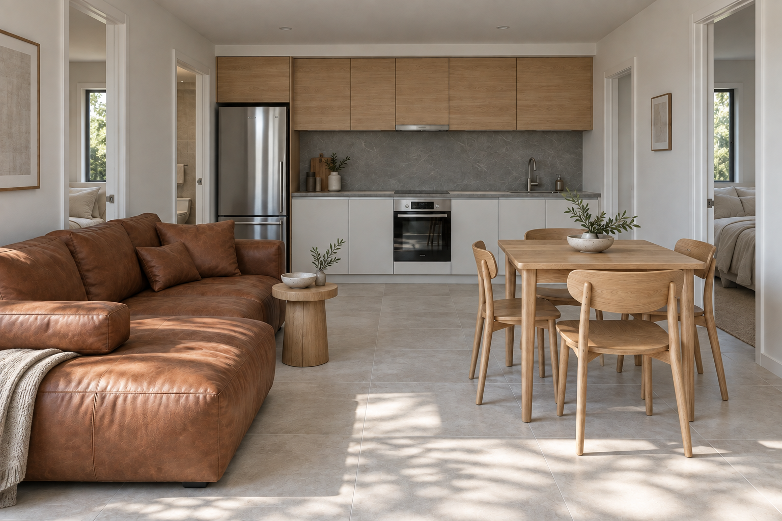 Lumara 640 interior concept with an oak kitchen, dining area and leather sofa