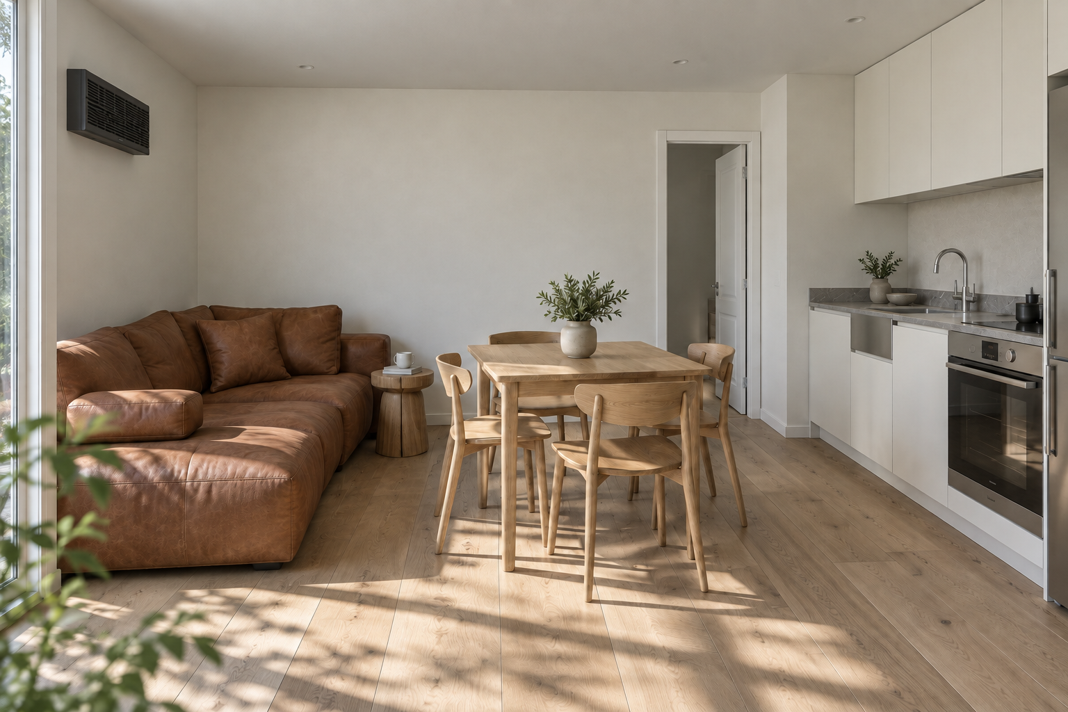 Lumara 320 interior concept with an oak dining table, leather sofa and off-white kitchen
