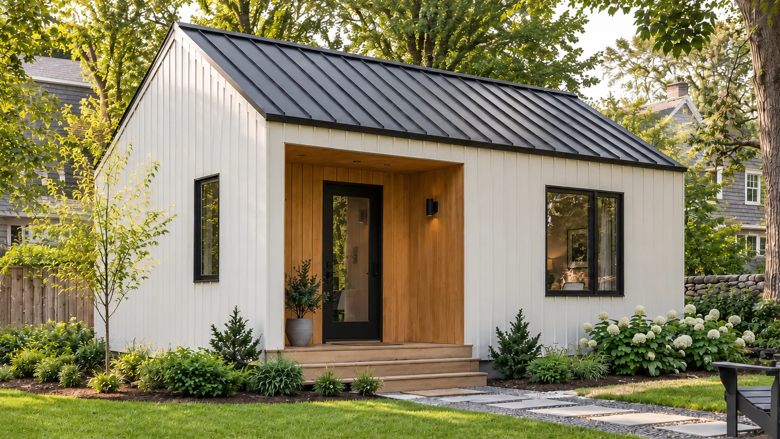 Lumara One Bedroom architectural rendering with white vertical siding, a dark gable roof and recessed timber entry